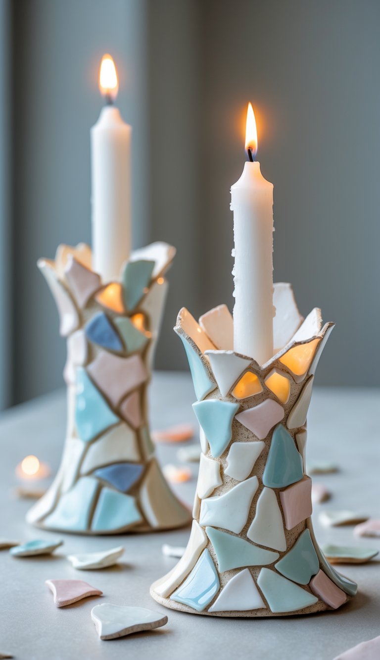 Several candle holders made from broken china pieces holding lit white candles on a neutral surface.